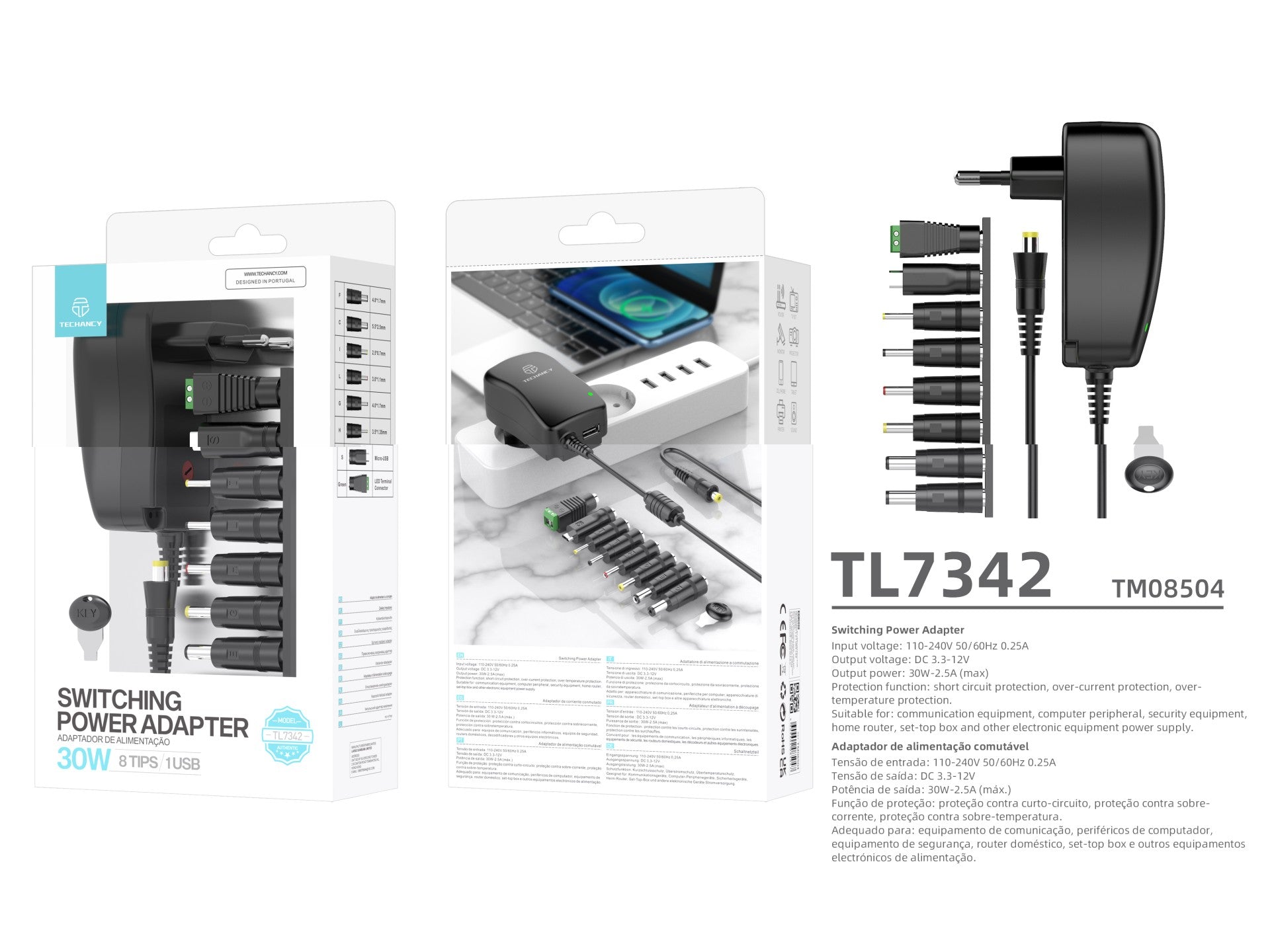 Techancy Adaptador de Alimentacao Comutavel TL7342 30W Voltagem Ajustavel DC 3-12V 8 Pontas 1USB Protecao Contra Curto Circuito Sobrecorrente Sobretemperatura Preto - Image 5